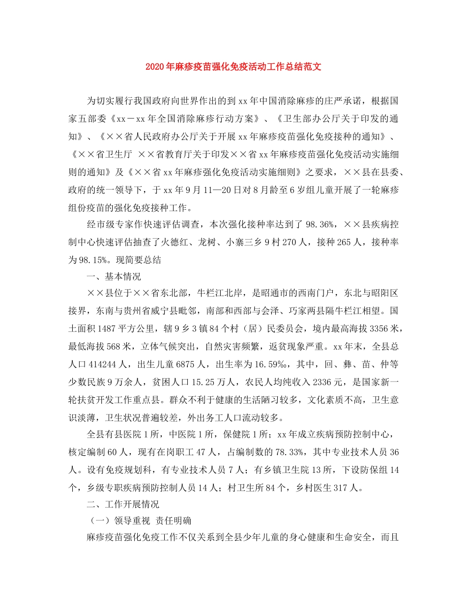 2020年麻疹疫苗强化免疫活动工作总结范文 _第1页