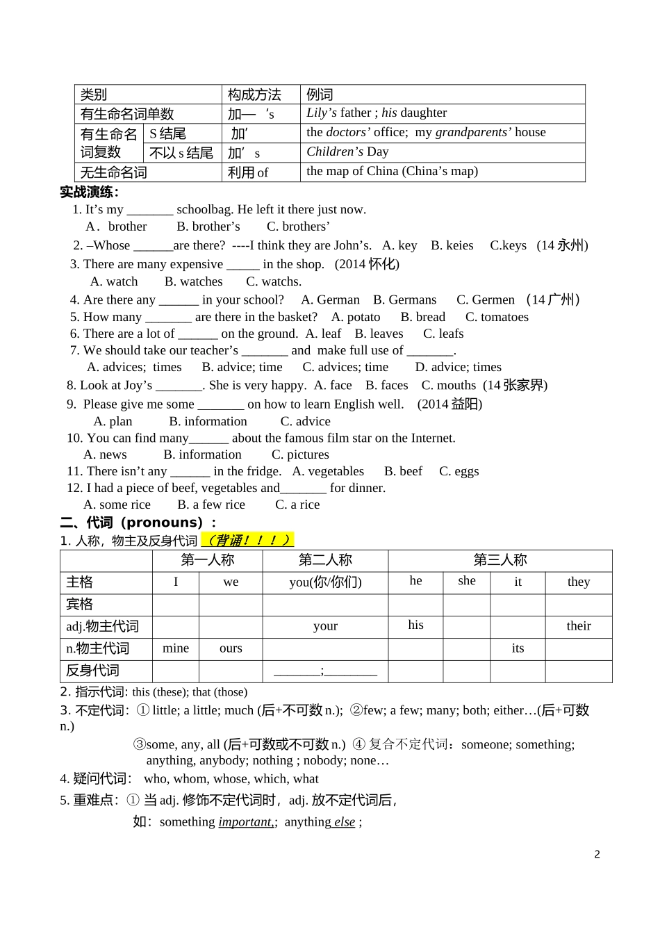 初三复习语法专题1（十大词类）_第2页