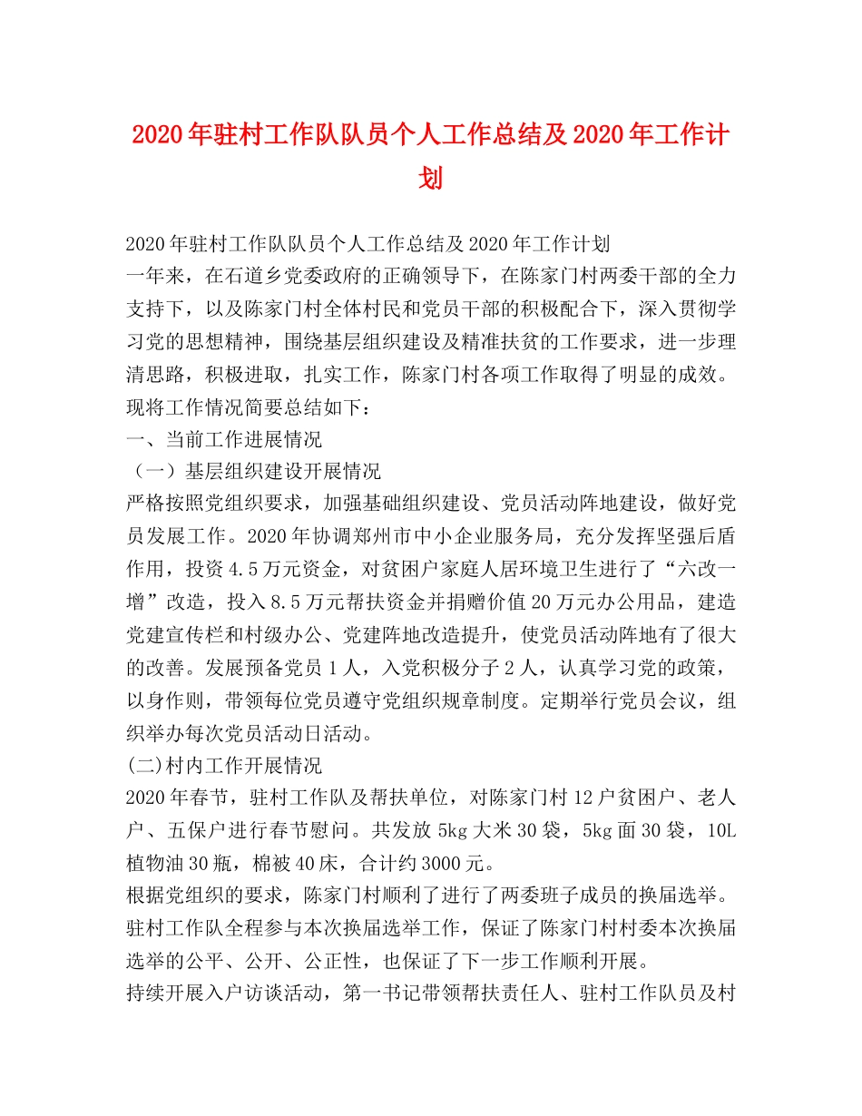 2020年驻村工作队队员个人工作总结及2020年工作计划 _第1页