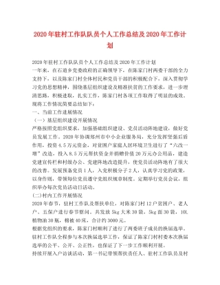 2020年驻村工作队队员个人工作总结及2020年工作计划 