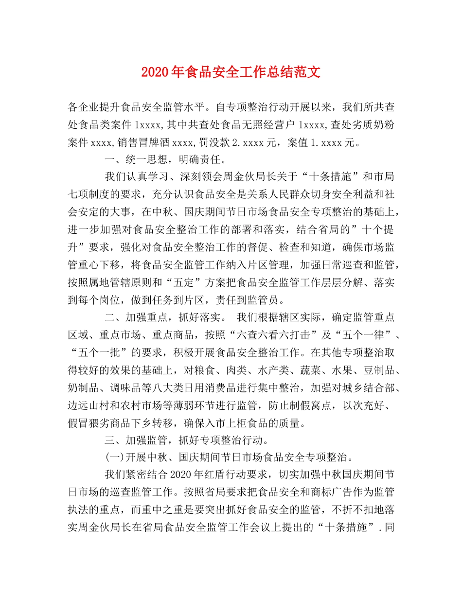 2020年食品安全工作总结范文 _第1页