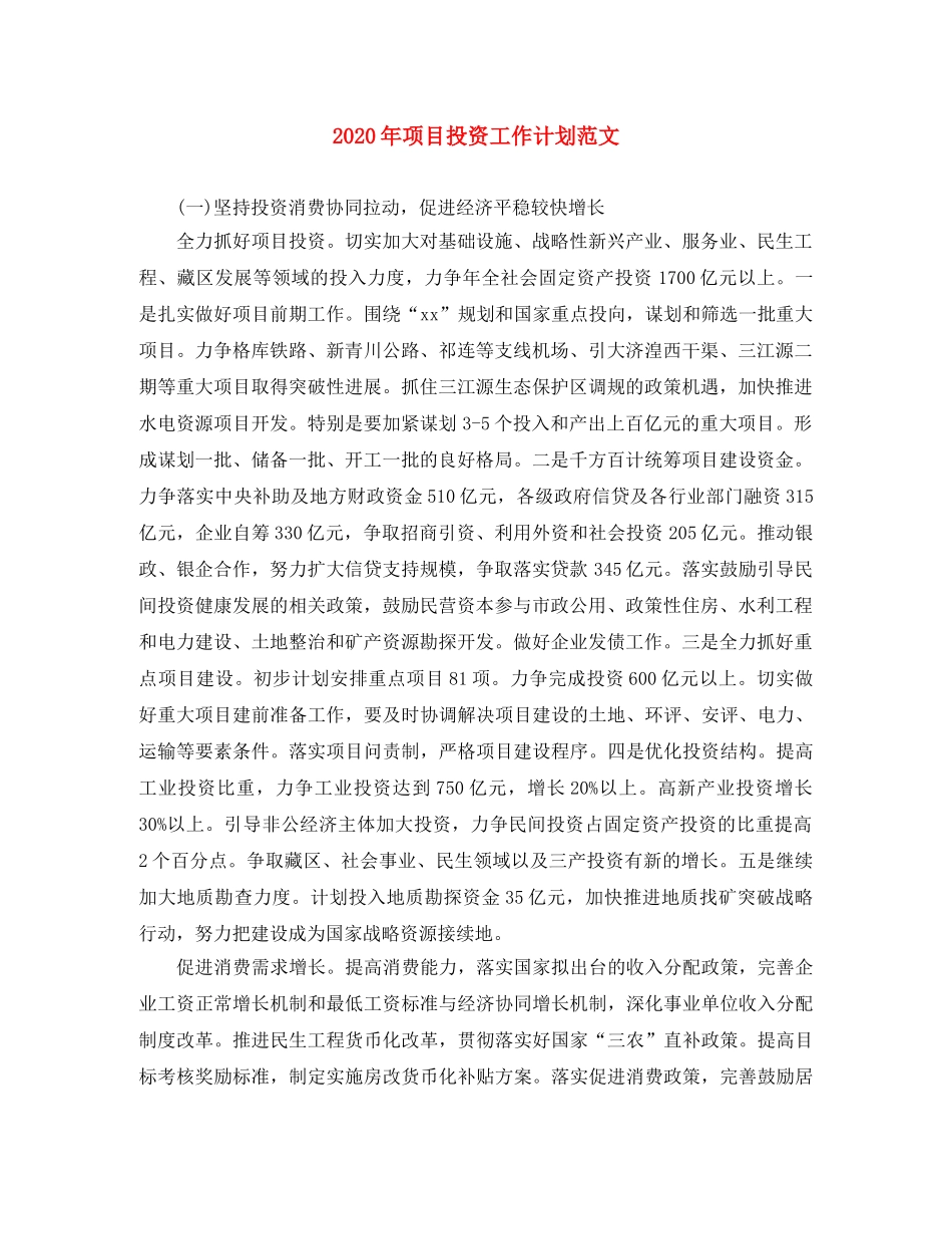 2020年项目投资工作计划范文 _第1页