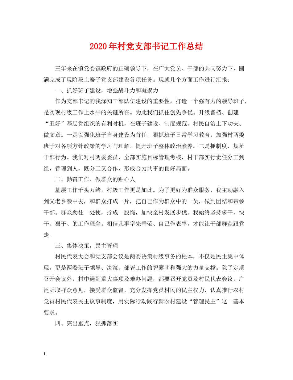 2020年村党支部书记工作总结_第1页