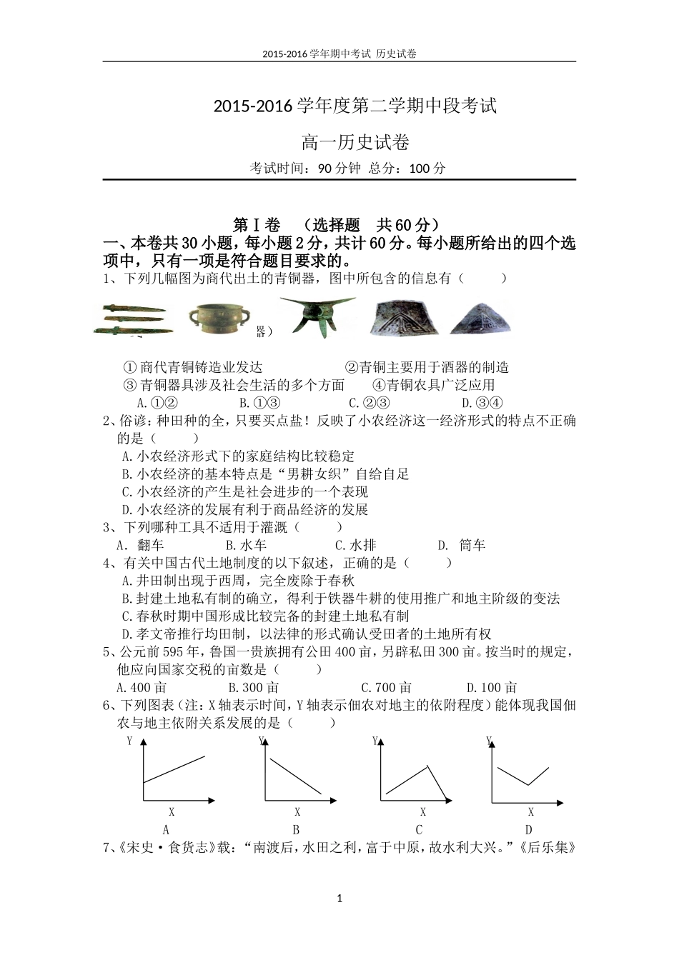 2015-2016高一下历史期中试卷修订稿_第1页