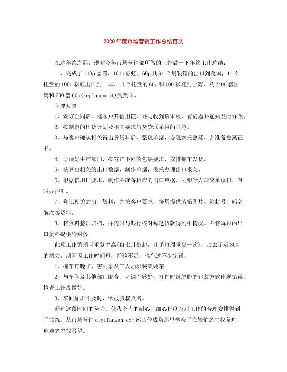 2020年度市场营销工作总结范文_第1页