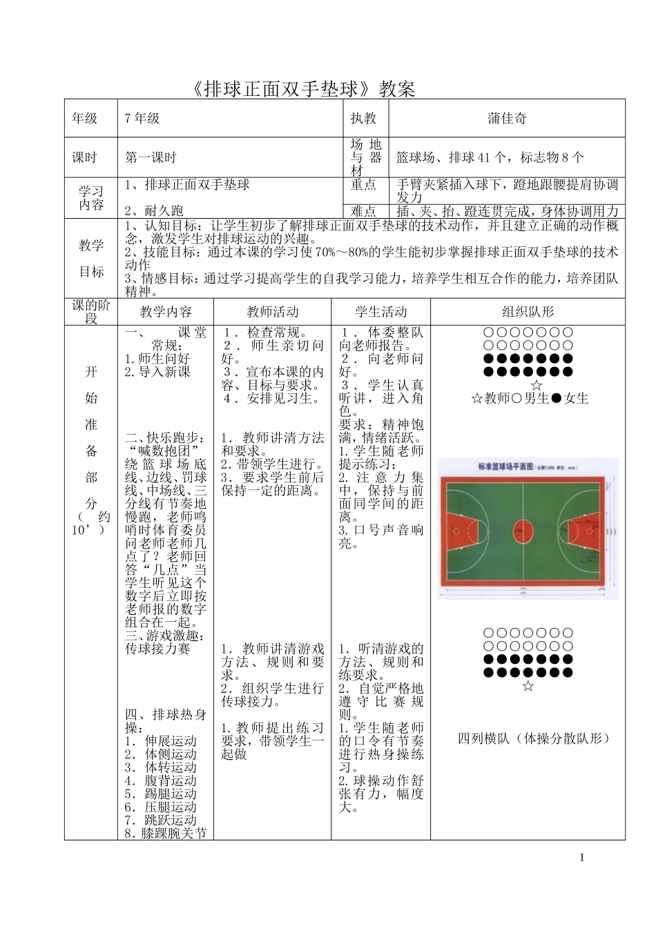 现代实验学校-蒲佳奇排球正面双手垫球公开课教案_第1页