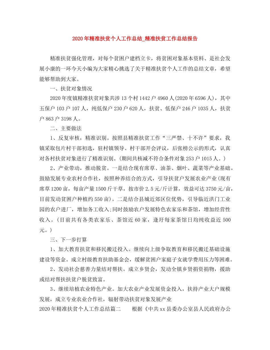2020年精准扶贫个人工作总结_精准扶贫工作总结报告 _第1页