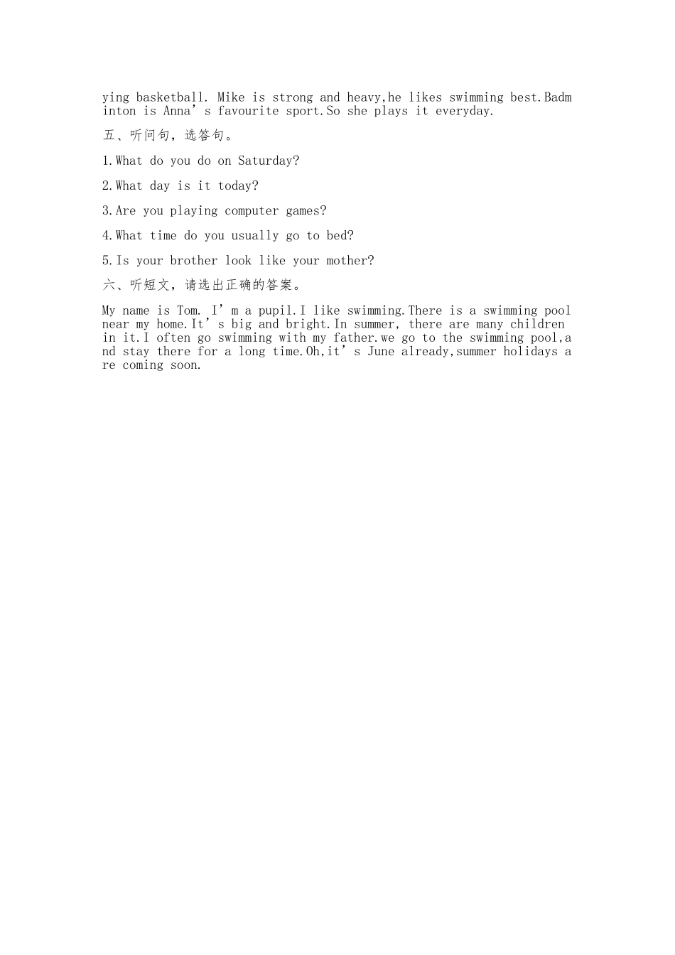 2013学年第二学期四年级英语期末练习卷听力材料_第2页