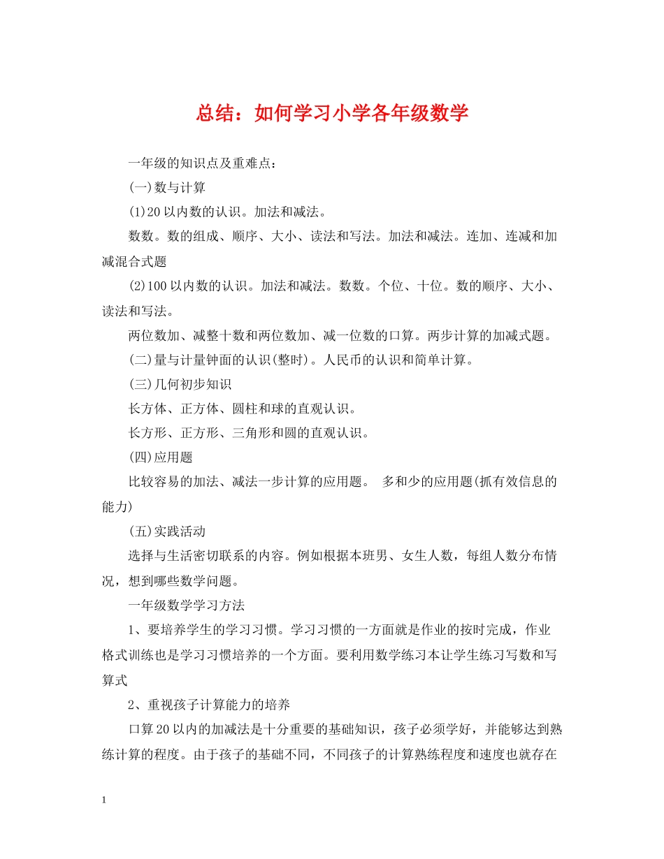 总结如何学习小学各年级数学_第1页