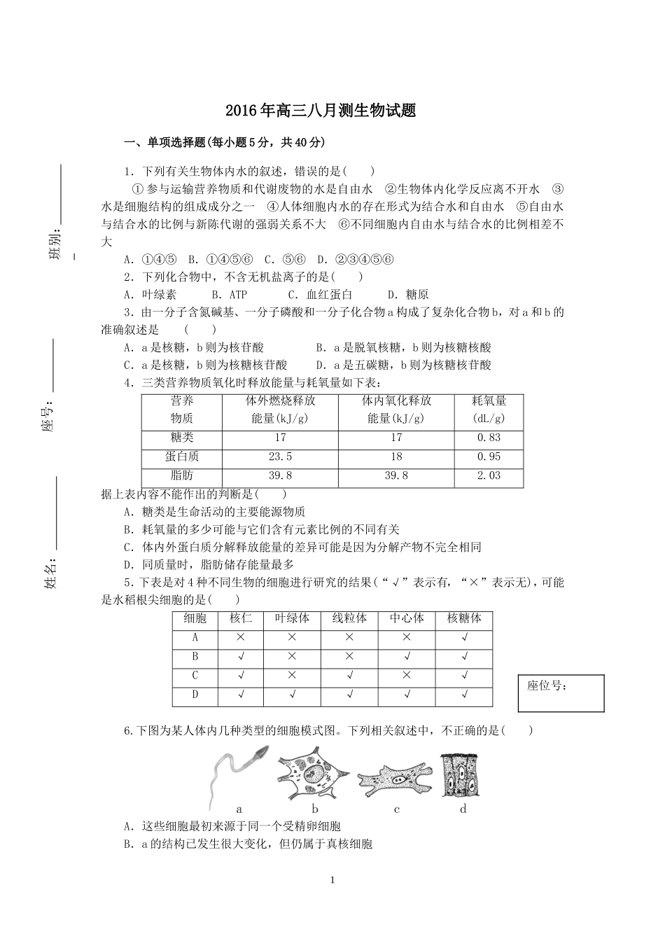 2016年高三八月测生物试题_第1页