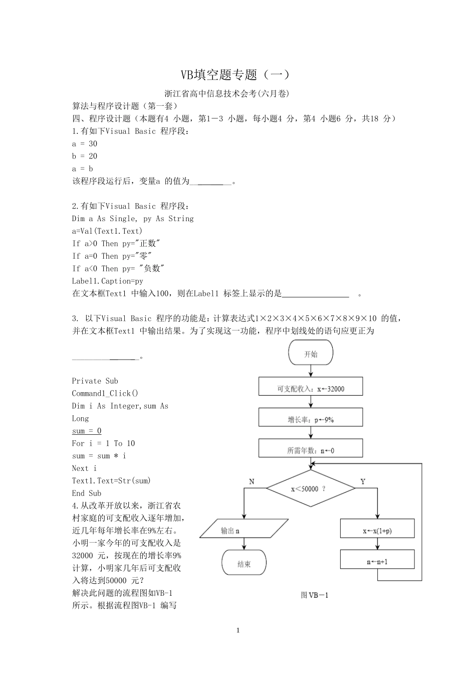 高中信息技术VB算法部分的填空题(会考)_第1页