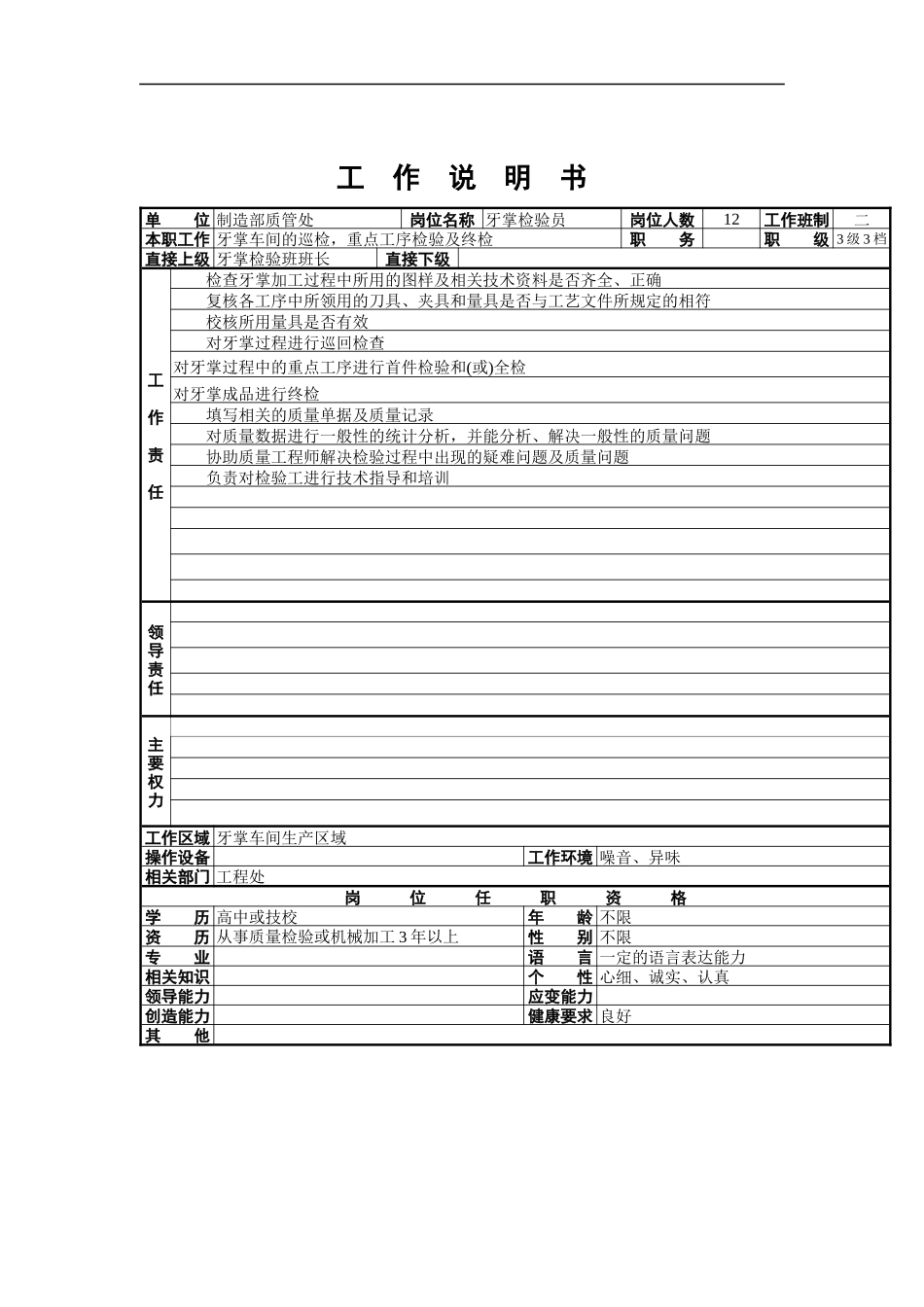 牙掌检验员工作说明书_第1页