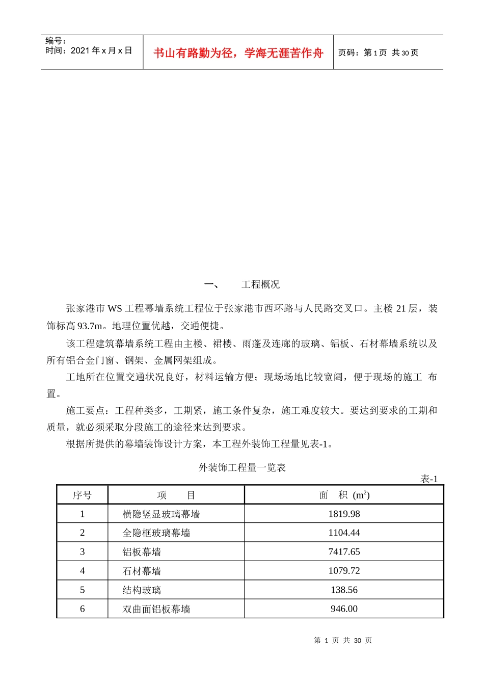 张家港市WS工程幕墙系统工程施工组织设计_第1页