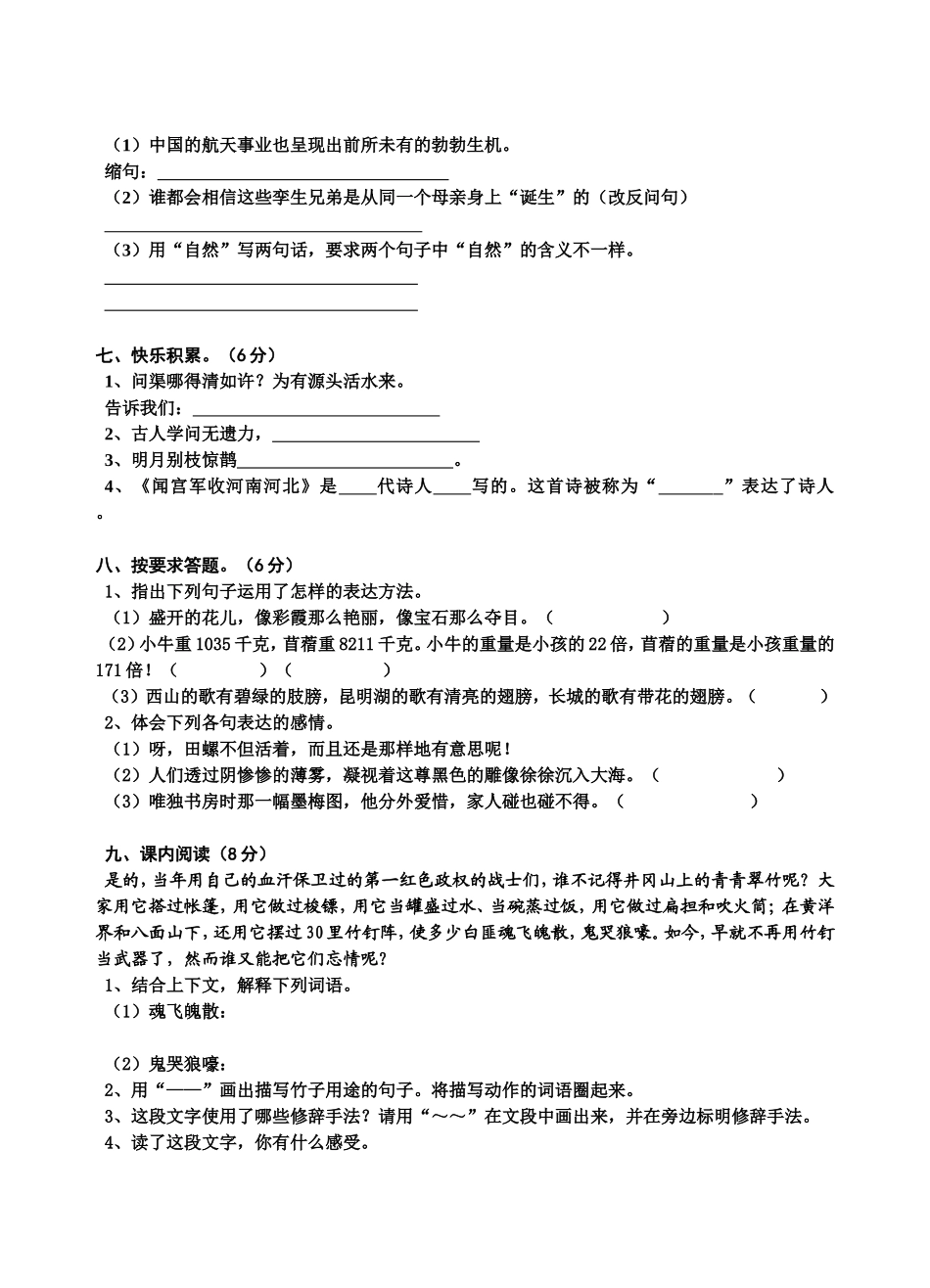 罗汉小学六年级语文复习测试卷二_第2页