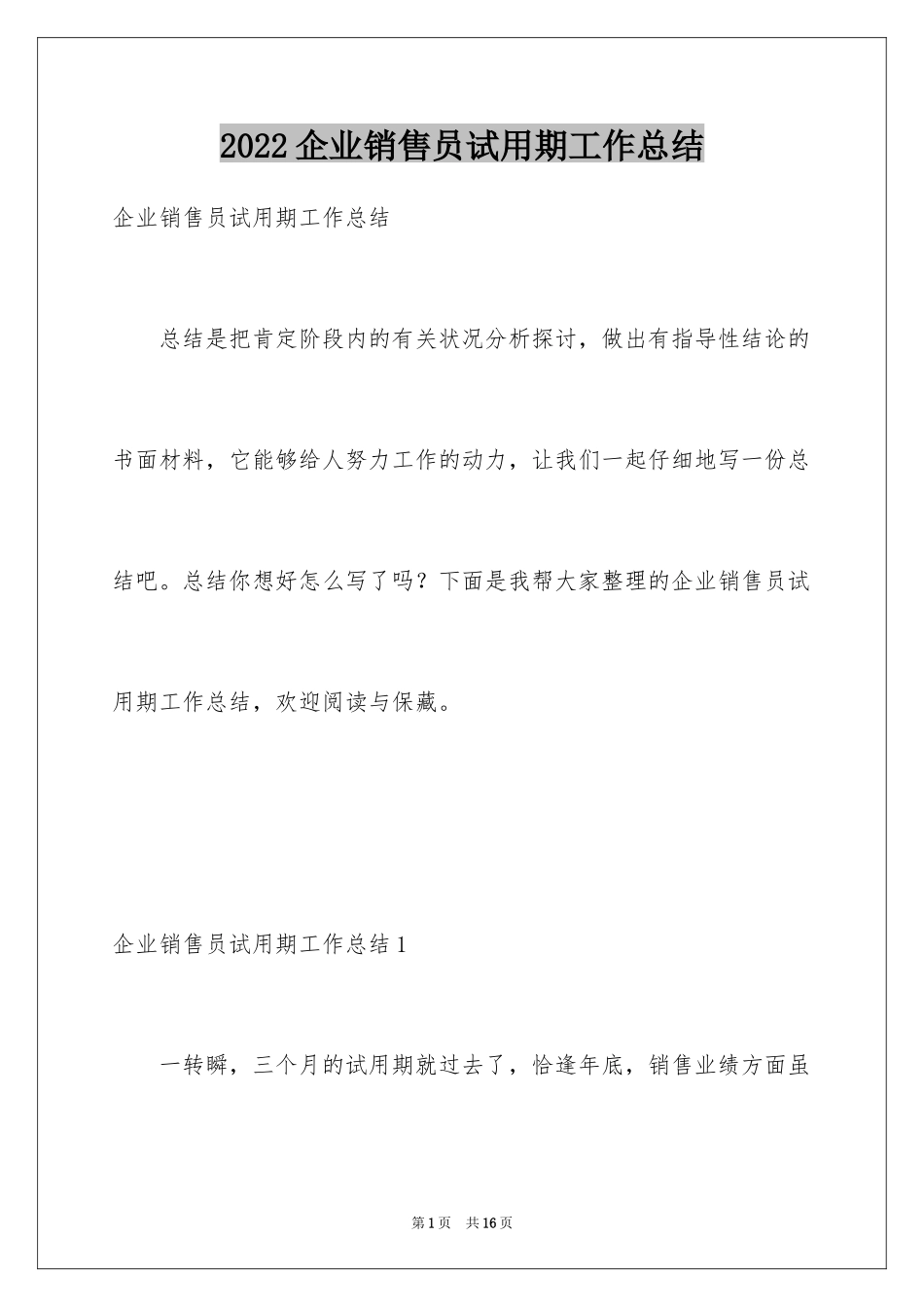 2024企业销售员试用期工作总结_第1页