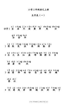 小学二年级语文上册生字表-注音