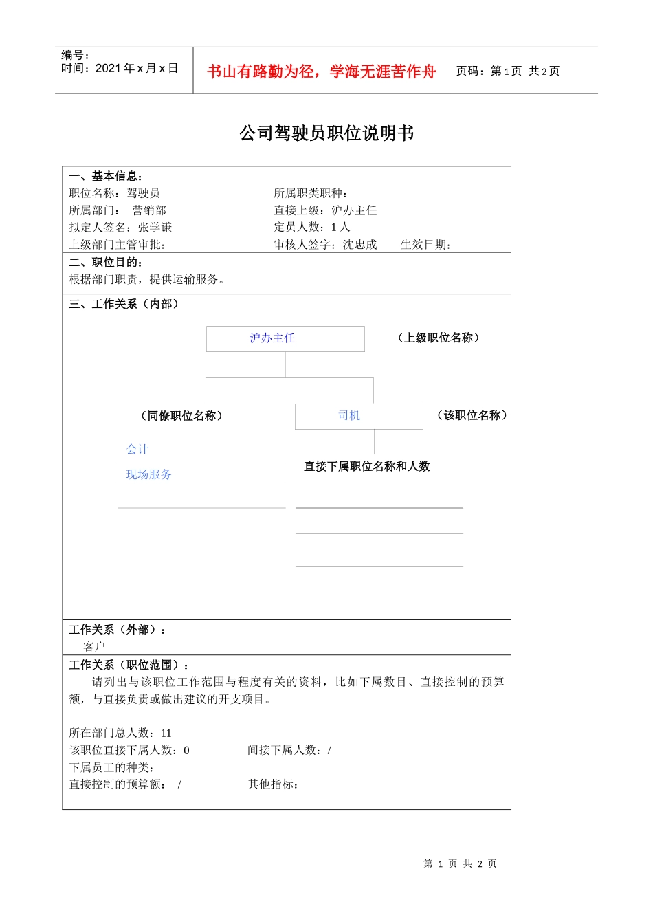 某大型汽车零部件公司营销部驾驶员职位说明书_第1页