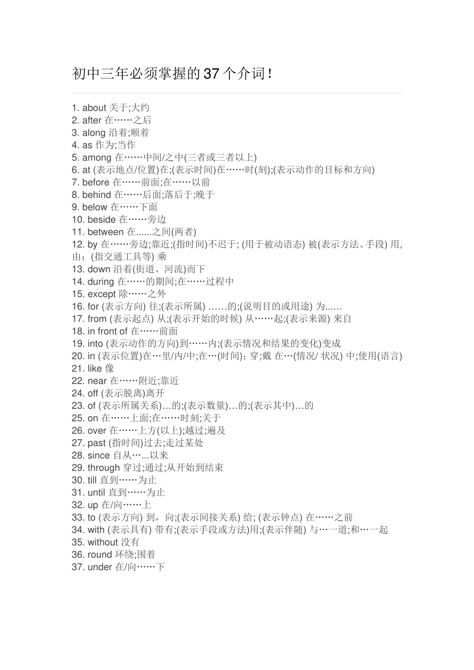 初中三年必须掌握的37个介词_第1页