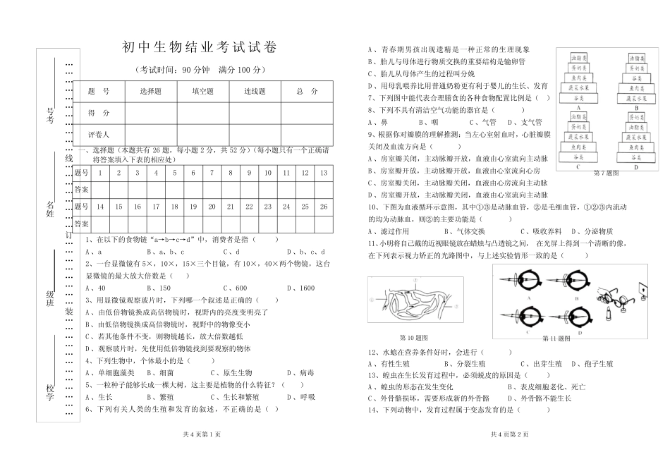 2010年初中生物毕业会考试卷及答案doc _第1页