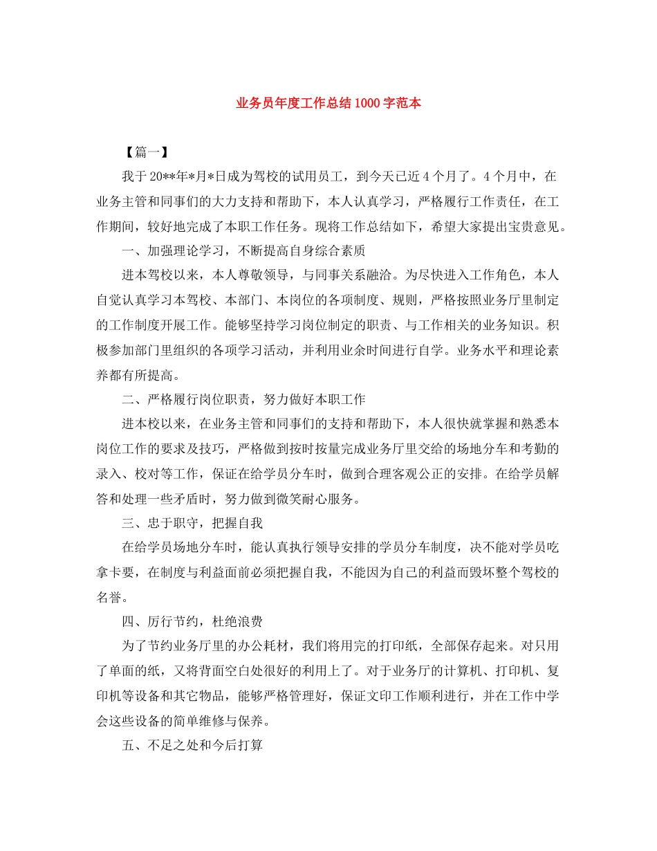 业务员年度工作总结1000字范本_第1页