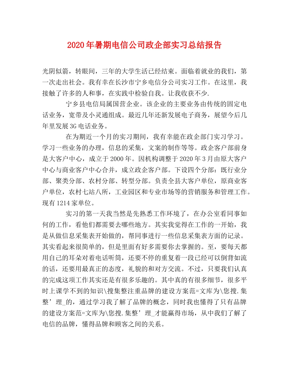 2020年暑期电信公司政企部实习总结报告 _第1页