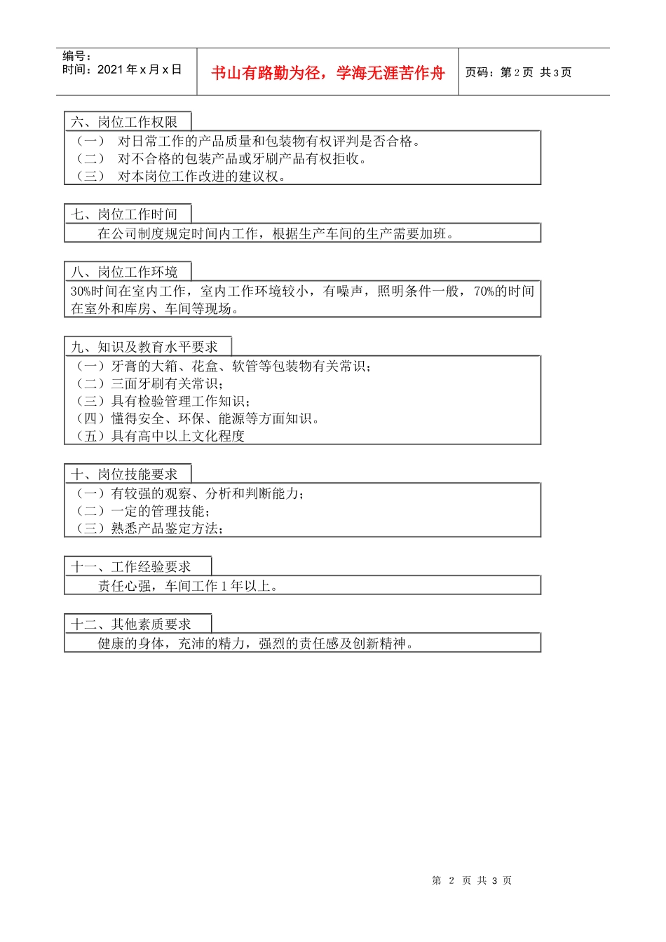医药行业-技术发展部-包装检验员岗位说明书_第2页