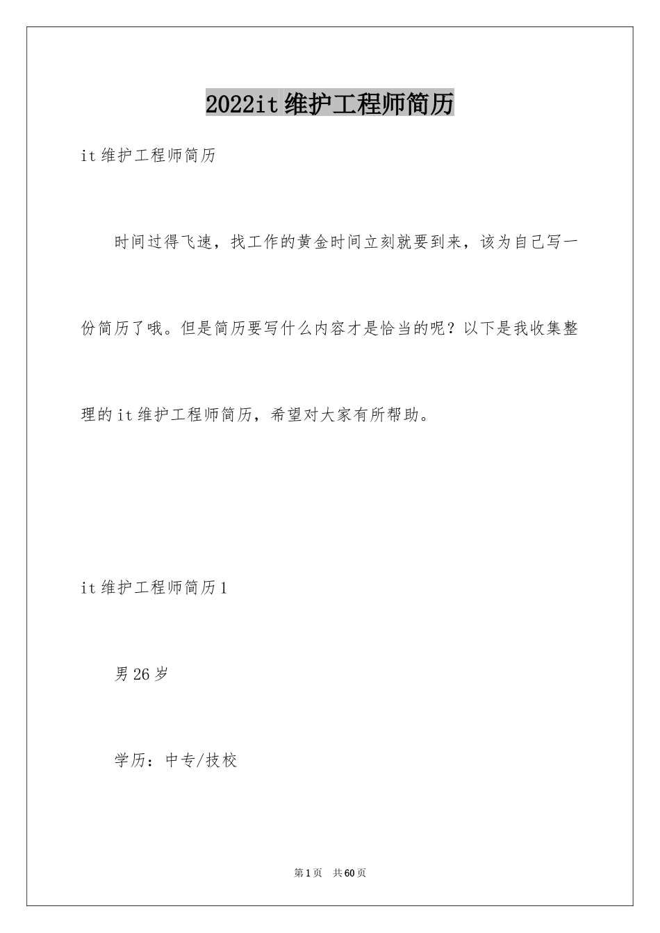 2024it维护工程师简历_第1页