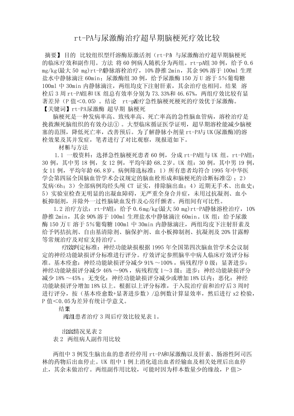 rt-PA与尿激酶治疗超早期脑梗死疗效比较 _第1页