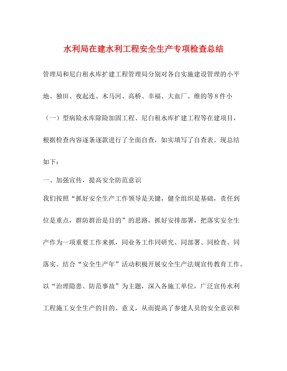 水利局在建水利工程安全生产专项检查总结_第1页