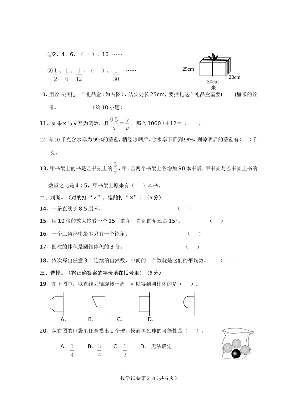 2012年黄陂区小学毕业调研考试_第2页