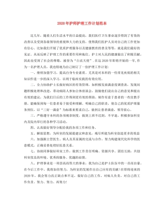 2020年护师护理工作计划范本 