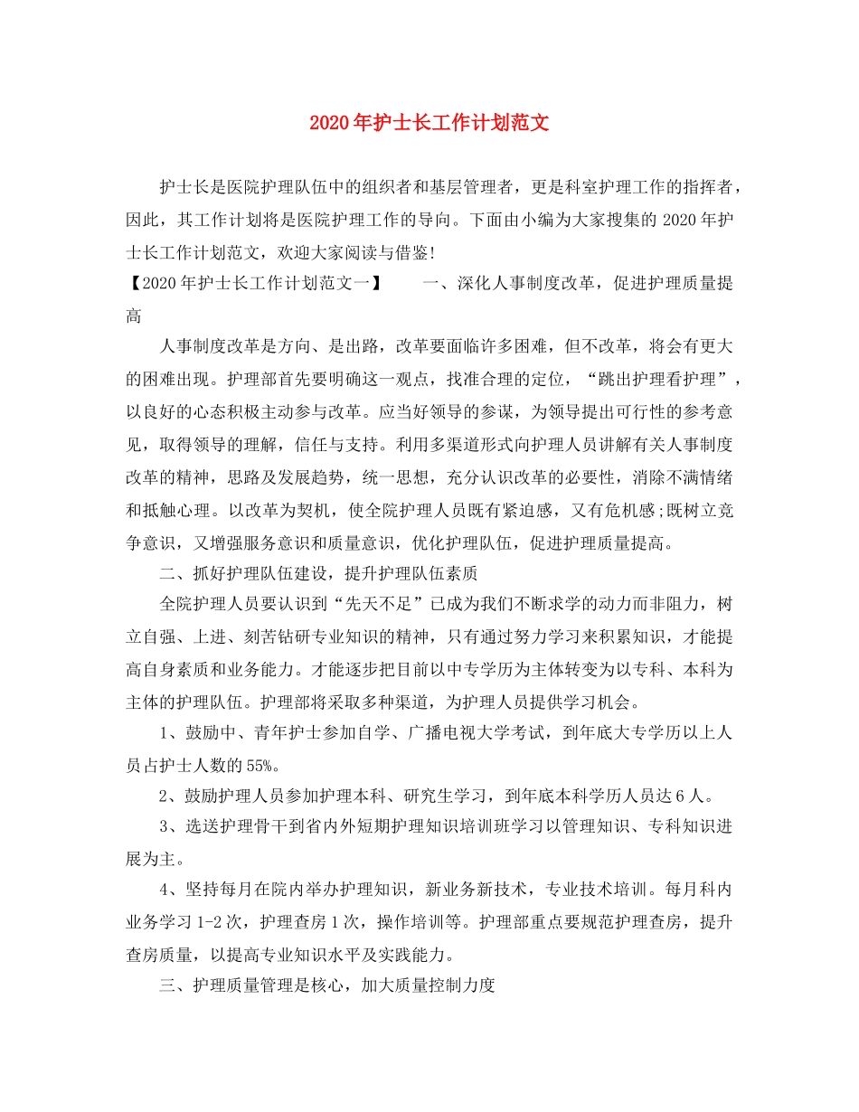2020年护士长工作计划范文 _第1页