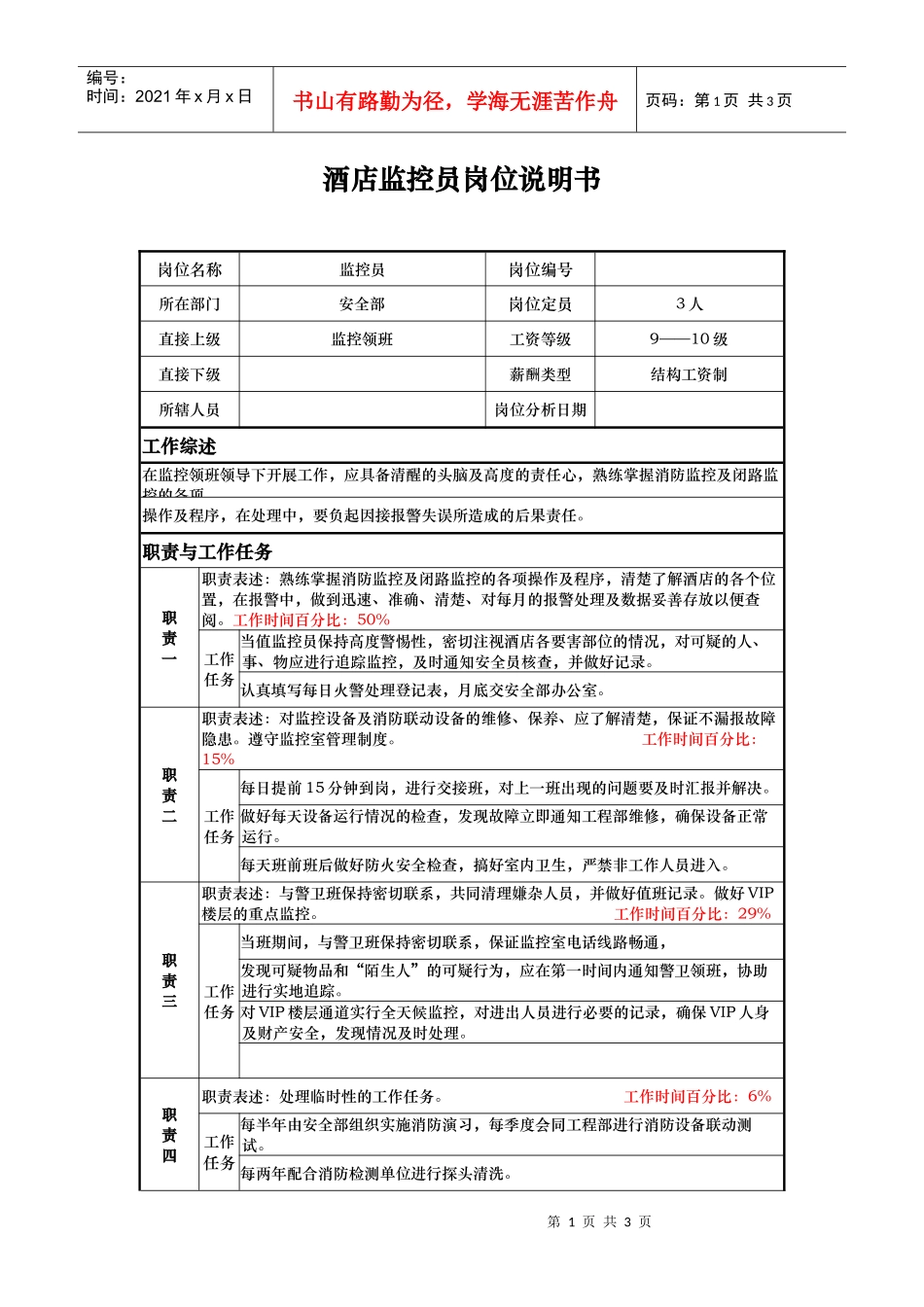 酒店监控员岗位说明书_第1页