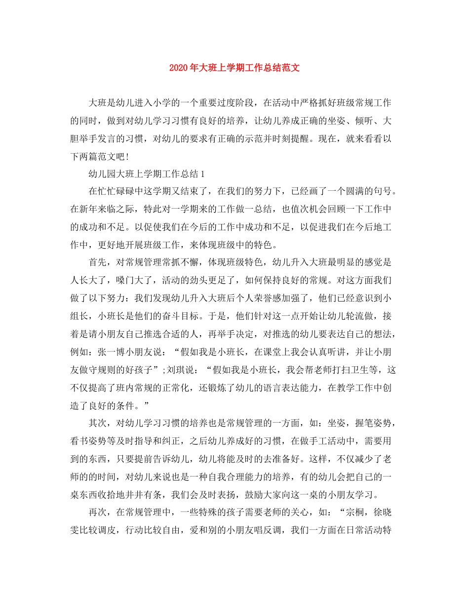 2020年大班上学期工作总结范文_第1页