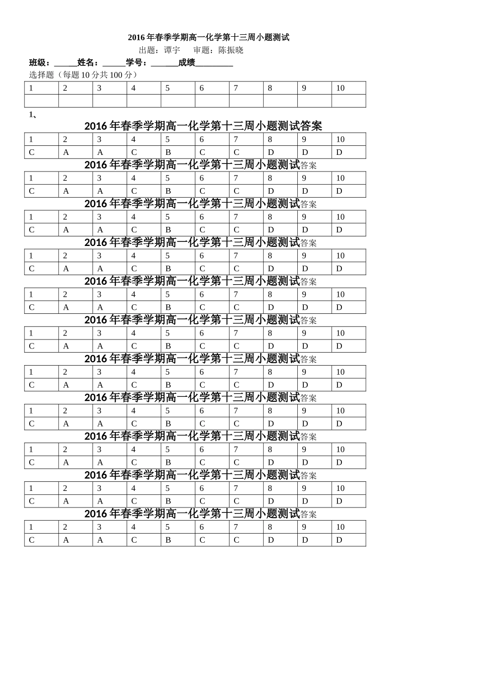 2016年春季高一化学第十七周小题测_第1页