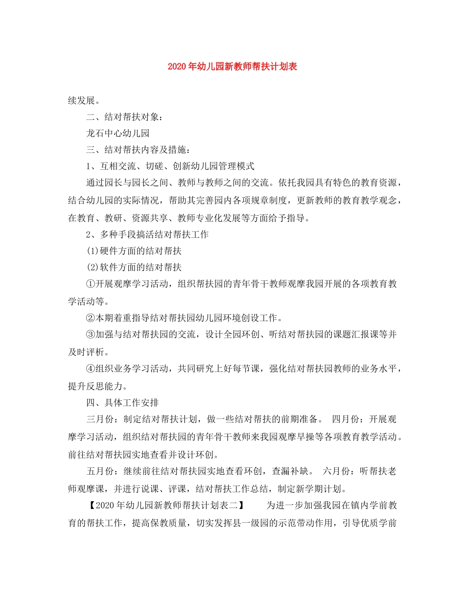 2020年幼儿园新教师帮扶计划表 _第1页