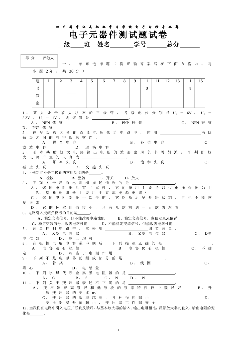 电子元器件测试题试卷_第1页