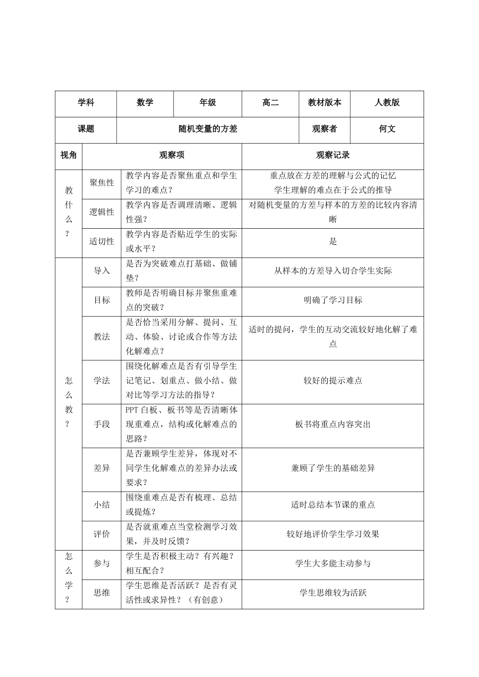 课堂观察记录表单数学_第2页