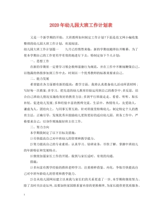 2020年幼儿园大班工作计划表 
