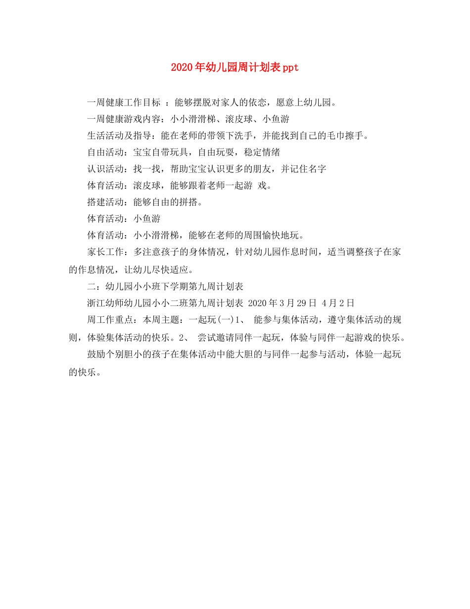 2020年幼儿园周计划表ppt _第1页