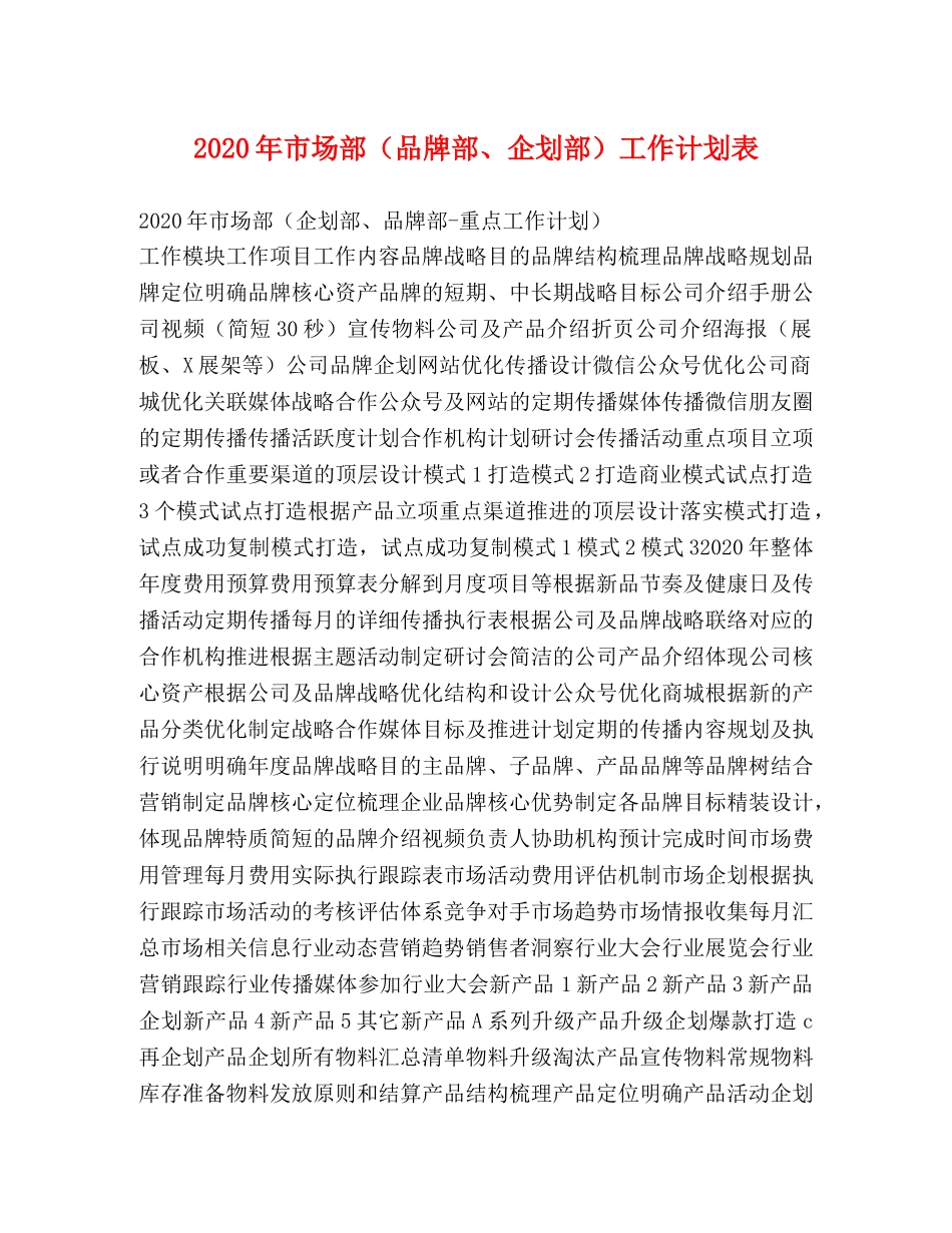 2020年市场部（品牌部、企划部）工作计划表 _第1页