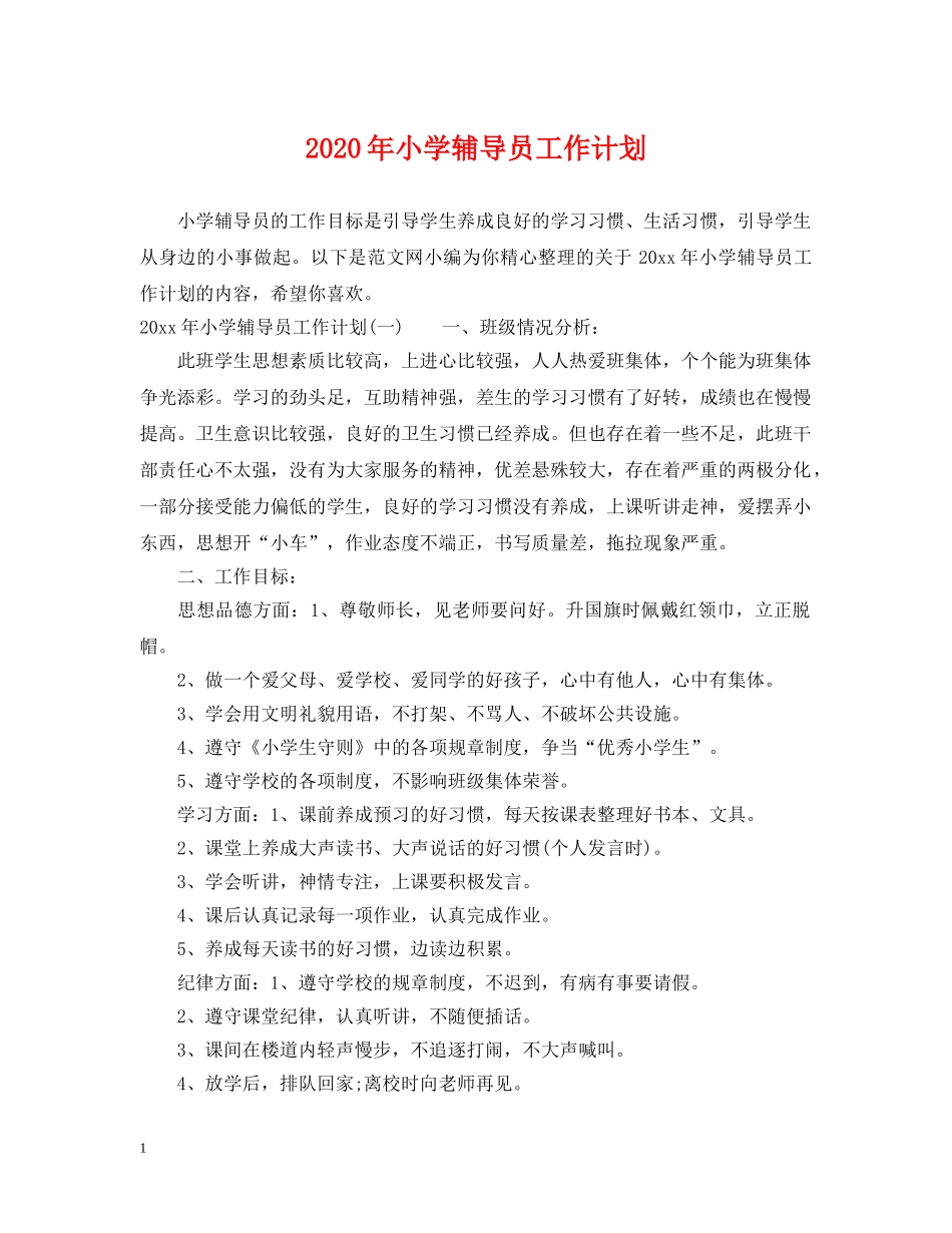 2020年小学辅导员工作计划 _第1页