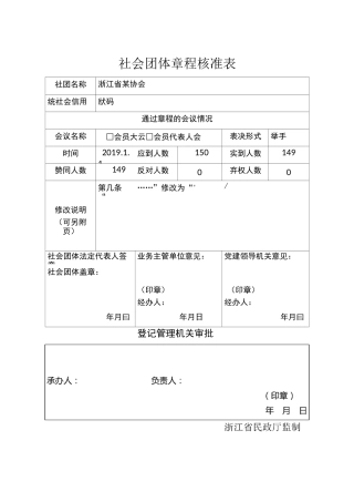 社会团体章程核准表