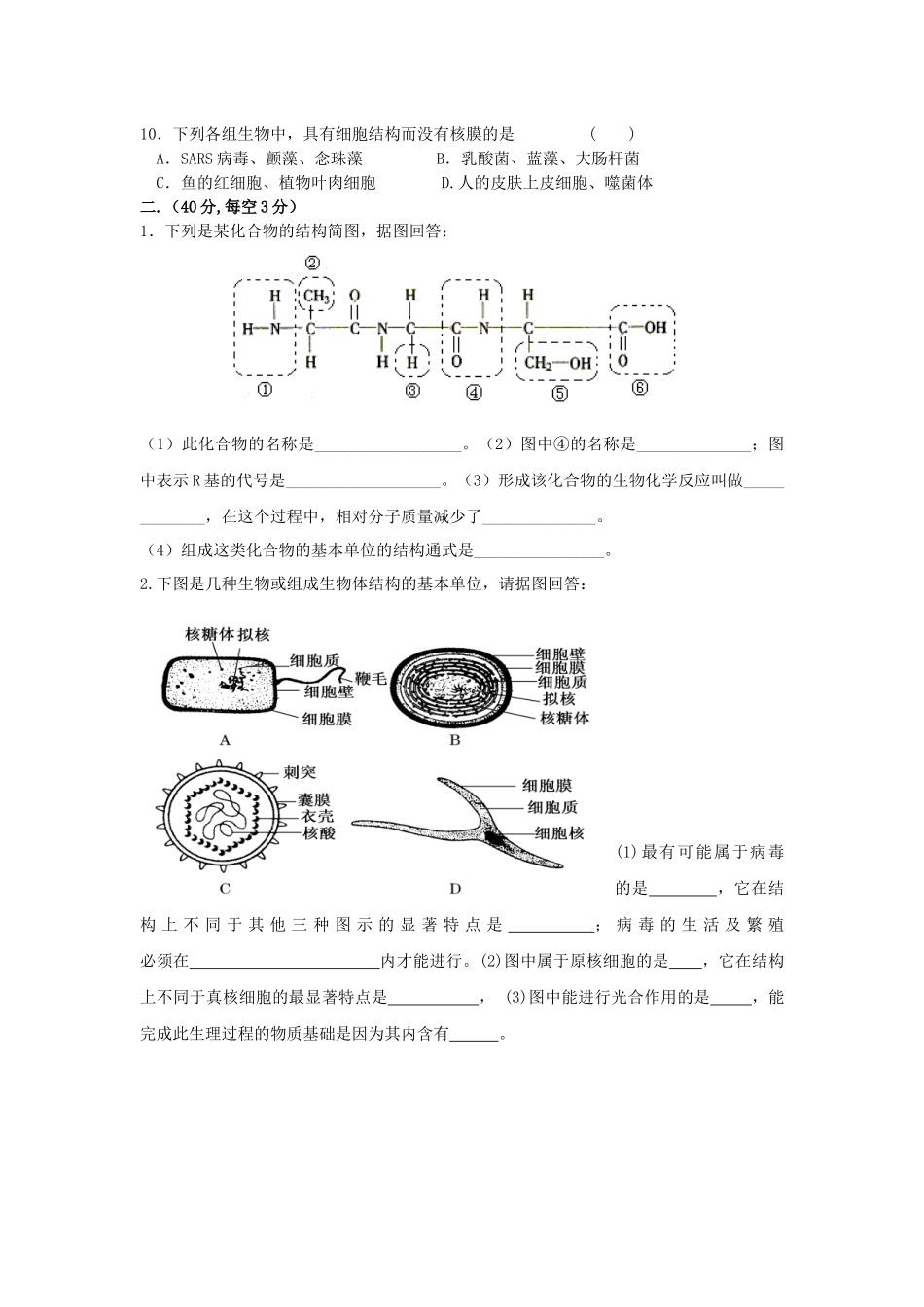 高一年级生物科第十二周活页作业_第2页