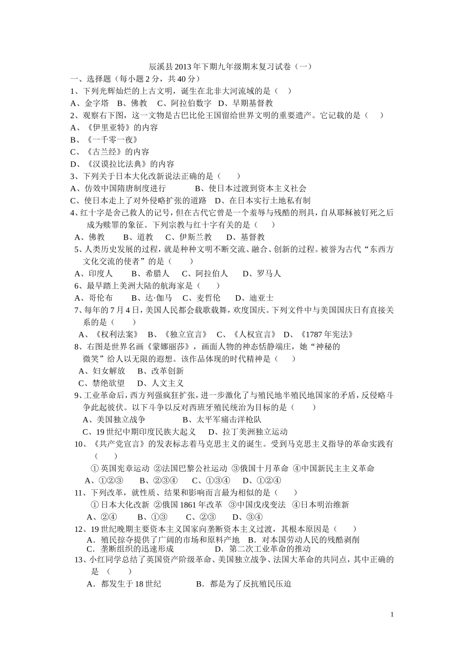 辰溪县2013年下期九年级期末复习试卷_第1页