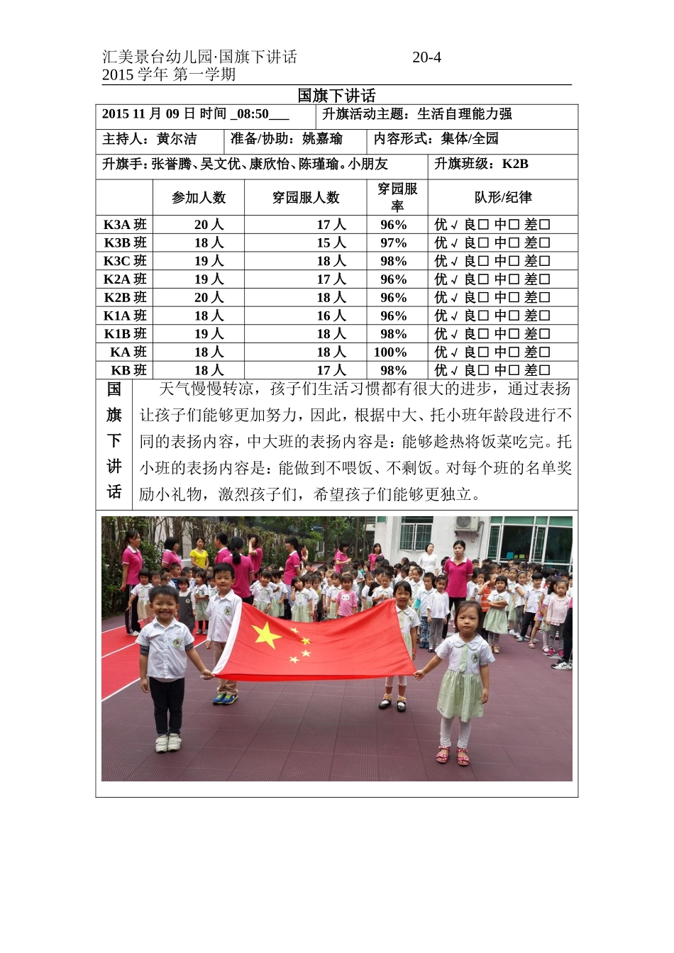 2015学年第一学期11月K2B班黄尔洁老师：编号《20-3国旗下讲话》_第1页