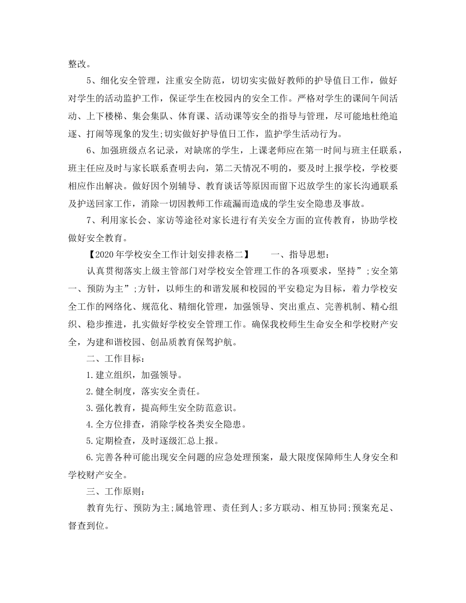 2020年学校安全工作计划安排表格 _第2页