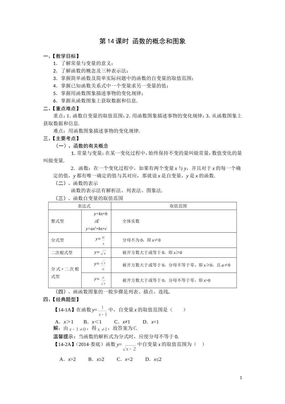 第14课时函数的概念和图象_第1页