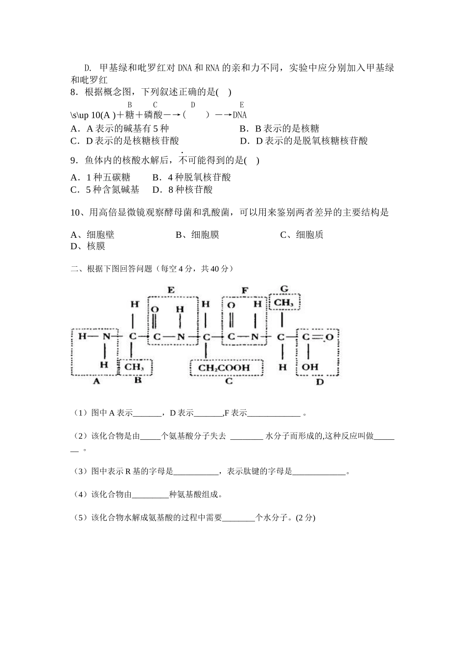 高一年级生物科第八周活页作业_第2页