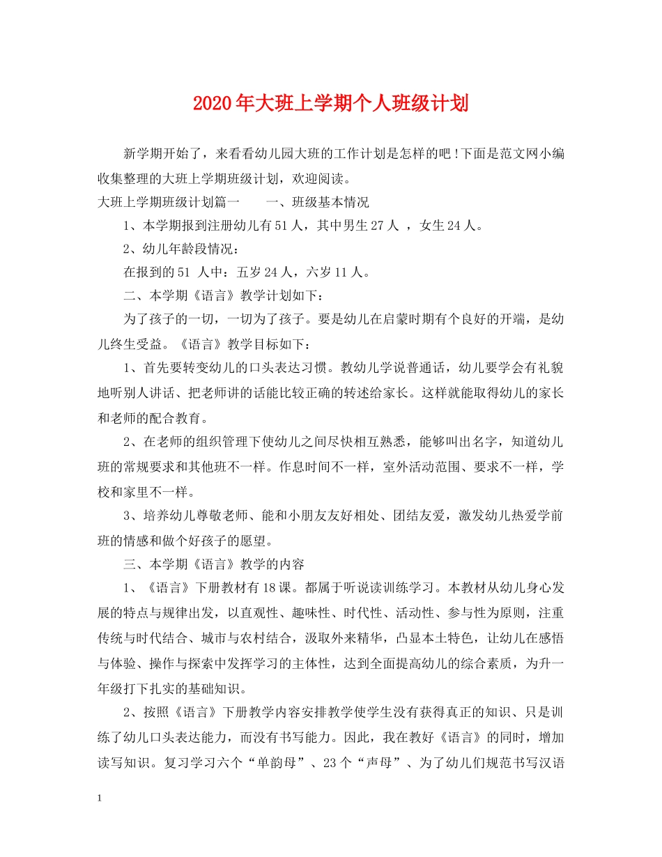 2020年大班上学期个人班级计划 _第1页
